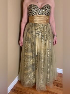 Gold Sequin Strapless Prom Dress | Leopard Tulle Gown Corset Back Size M (8/10)